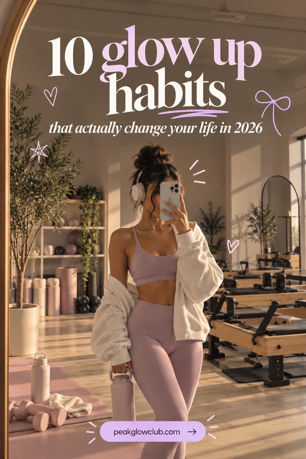 10 glow up habits that actually change your life in 2026: a woman in lilac activewear taking a mirror selfie in a sunlit pilates studio
