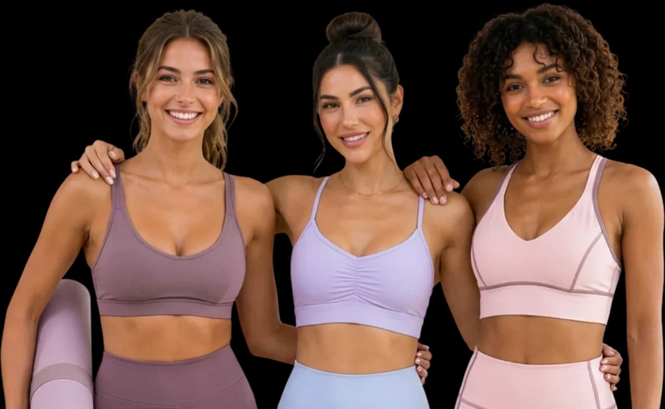 Three women in workout gear smiling together