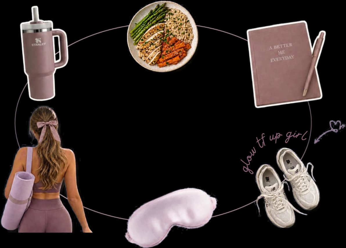A ring of daily glow habits: a Stanley cup, a balanced meal, a journal, sneakers, a sleep mask, and a woman with a yoga mat